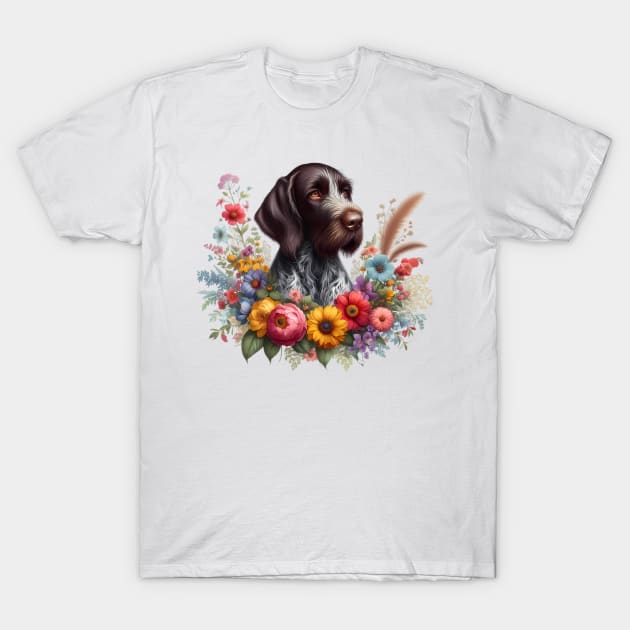 A German Wirehaired Pointer with beautiful colorful flowers T-Shirt by CreativeSparkzz